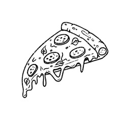 Cheesy pizza slice in hand-drawn black and white sketch style, perfect for menus, coloring pages, and food-themed designs