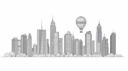 Naklejka premium Line drawing of a modern city skyline with a hot air balloon.