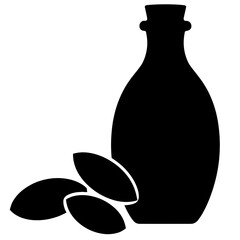 Silhouette of almond oil bottle with nuts, skincare nourishment concept