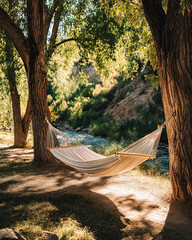 Serene hammock nestled between trees, tranquil outdoor space with dappled sunlight filtering through leaves, perfect for relaxation.