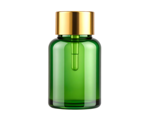 Green dropper bottle with golden cap