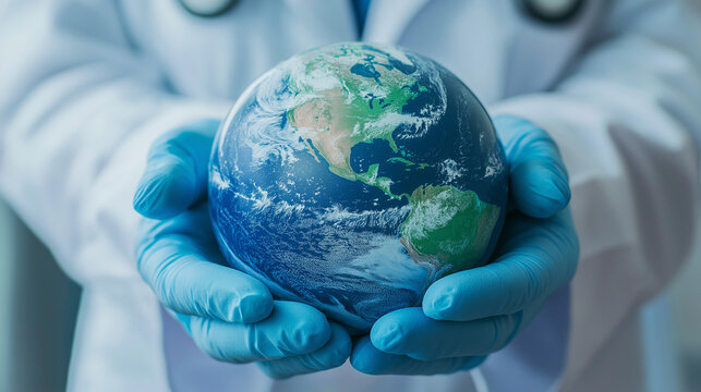 Water Day or World Oceans Day concept. Environmental conservation, save, protect clean planet Earth and ecology, sustainable lifestyle. Globe and Morpho Butterfly in human hand on pure sea background. - Powered by Adobe