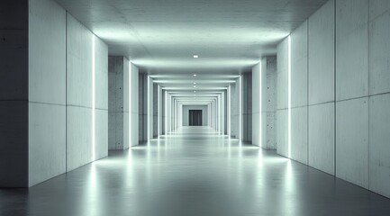 Fototapeta premium Empty, futuristic concrete hallway lit by neon