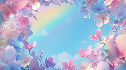 Pastel flowers frame a dreamy sky