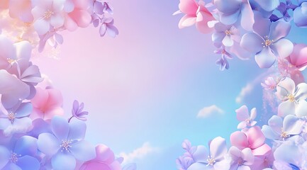 Delicate pastel flowers frame soft sky