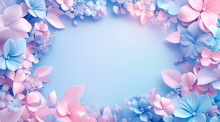 Pastel floral frame on light blue background