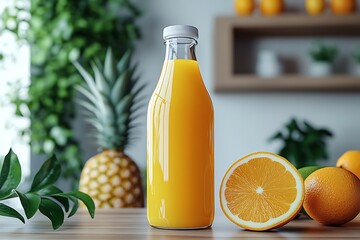 A tall glass bottle of orange juice is displayed with fresh oranges and greenery