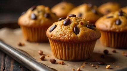 Golden-brown muffins with chocolate chips, baked to perfection and arranged on a baking sheet, ready to be enjoyed