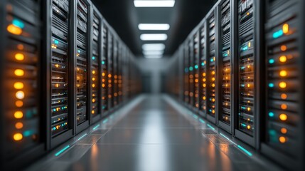 Futuristic data center corridor with server racks