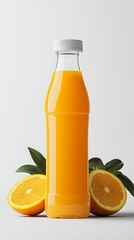 Orange juice bottle isolated on white background with oranges