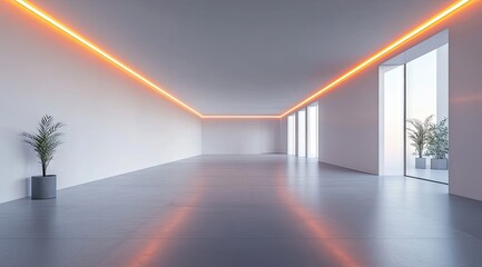 Modern, empty, bright room with orange accents