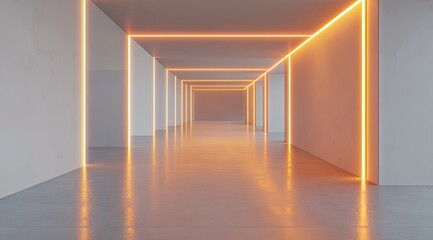 Empty, bright hallway with glowing orange lines