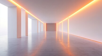 Empty modern corridor, lit by orange LED strips