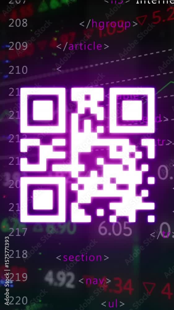 Poster animation of qr code, data processing over computer servers