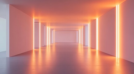 Empty, modern hallway with orange-toned neon lighting
