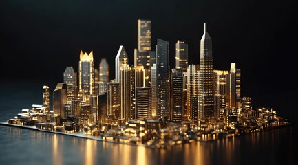 Obraz premium Golden city skyline, 3D model, night view