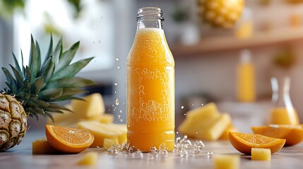 A bottle of fresh orange juice with bubbles and fruit