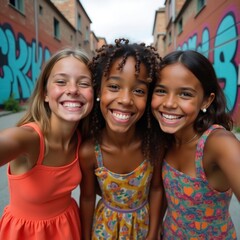 Fototapeta premium Three smiling girls taking a selfie in front of a brick building with graffiti on an overcast day outdoors