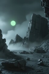 Fototapeta premium A landscape with rocks and a green moon in a foggy environment with a dark and mysterious atmosphere