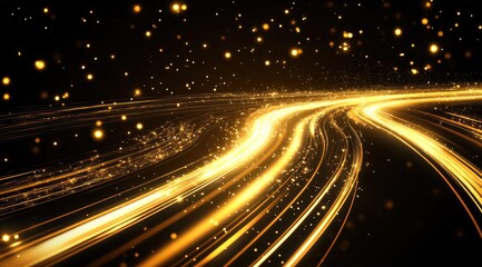 Golden light trails curve on black