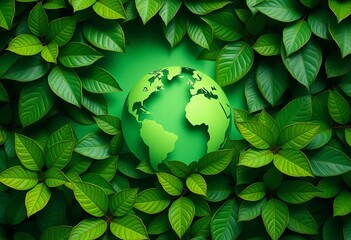 Paper cut Earth globe amidst lush green leaves on a green backdrop,  nature,   paper art