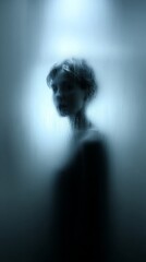 Frosted glass panel background with a blurred human silhouette