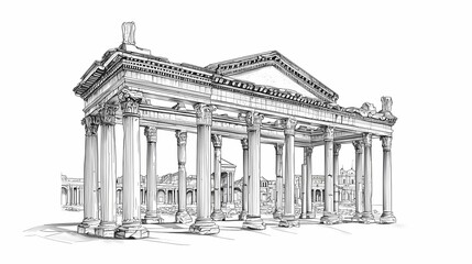 Obraz premium Detailed sketch of ancient ruins, featuring a colonnaded structure.