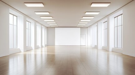 Fototapeta premium Empty, bright white hall with large windows and light fixtures