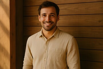 Agritech Startup CEO Portrait in a Modern Wooden Barn with Morning Natural Light and Casual Organic Attire