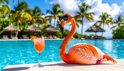 Obraz premium A pink flamingo wearing black sunglasses stands beside a tropical drink near a pool, with palm trees and beach umbrellas in the background—radiating playful vacation vibes.