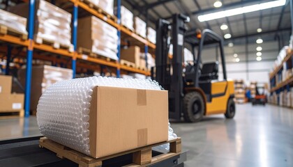 A warehouse storage area with shelves of boxes, a bubble wrap roll resting on a large cardboard box atop a pallet, bathed in sunlight—symbolizing efficient packaging and inventory management.