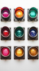 A grid of nine traffic lights, each displaying a different color