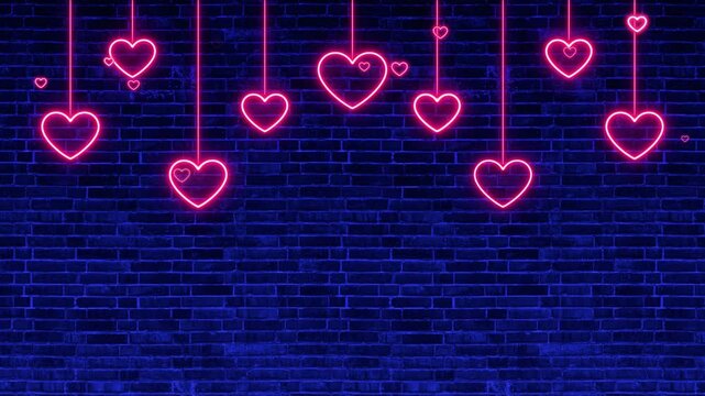 valentines day neon lights hearts and glitter shiny heart falling on brick wall animation, valentine love romantic motion background	