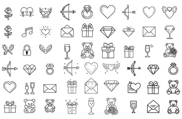 Collection of valentine s day icons in a charming hand drawn silhouette style for romantic celebrations