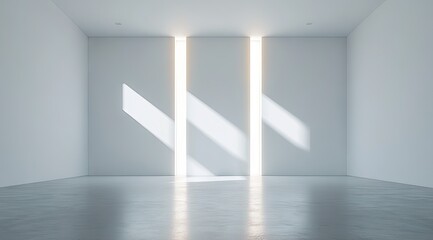 Empty white room, sunlight streams through slits