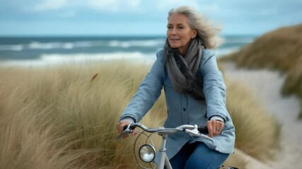 Mature woman cycling on a sandy path near the coast, surrounded by tall grassy dunes and ocean waves under a cloudy sky. She wears a scarf and jacket, enjoying the serene atmosphere.