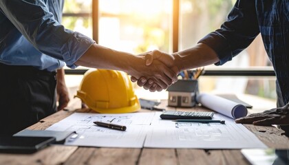 Two individuals—one in a suit, the other in a hi-vis vest—shake hands over a table with construction helmets and documents, symbolizing partnership, project agreement, or site collaboration.