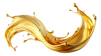 A dynamic splash of gold creates an abstract wave, isolated on transparent PNG