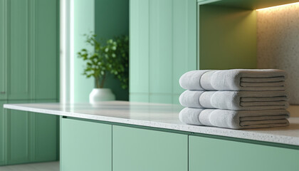 Light gray cotton towel on minimalist green bathroom counter with soft lighting and copy space