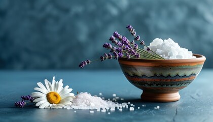 Elegant ceramic bowl with lavender and chamomile on textured surface for spa and wellness themes with copy space