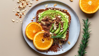 Avocado toast with orange slices and almonds on plate for healthy breakfast with copy space
