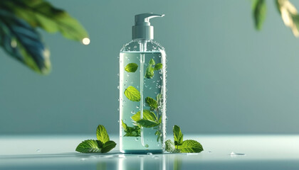 Transparent shampoo bottle with mint leaves on glossy surface design for print, poster with copy space
