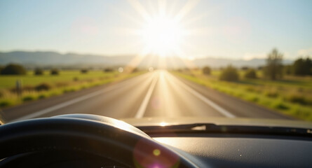 Road trip adventure with sunlit highway and scenic landscape with copy space