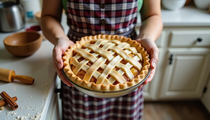 Homemade lattice apple pie in kitchen setting. Waiting for guests