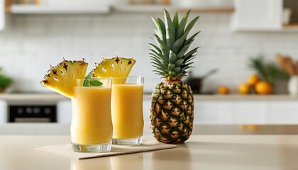 Refreshing pineapple smoothies with slices in modern kitchen setting