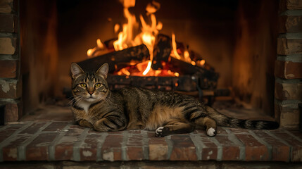A warm, inviting domestic scene with a tabby cat contently lying on a stone hearth, surrounded by rustic brick and natural textures, captured in high detail.
