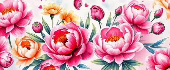 Watercolor seamless peony floral pattern on summer background,  white, seamless