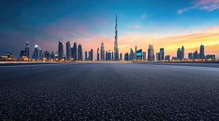 Empty asphalt road leading to Dubai skyline at sunrise