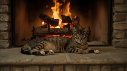 A warm, inviting domestic scene with a tabby cat contently lying on a stone hearth, surrounded by rustic brick and natural textures, captured in high detail.