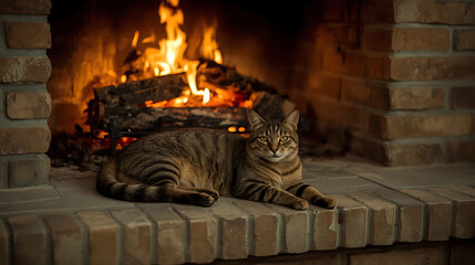 A warm, inviting domestic scene with a tabby cat contently lying on a stone hearth, surrounded by rustic brick and natural textures, captured in high detail.